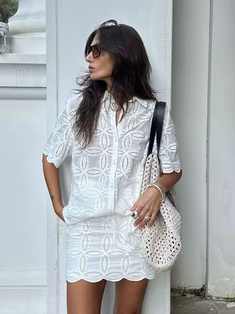 Foridol-Ensemble de robe en dentelle blanche décontractée pour femmes, jupe brodée évidée, tenues de