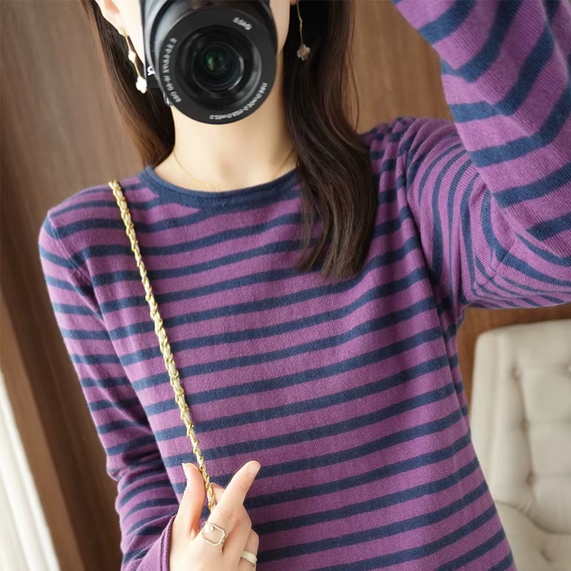 Femmes 100% coton pull frisé col rond bande pull automne hiver décontracté tricot vêtements mode dou