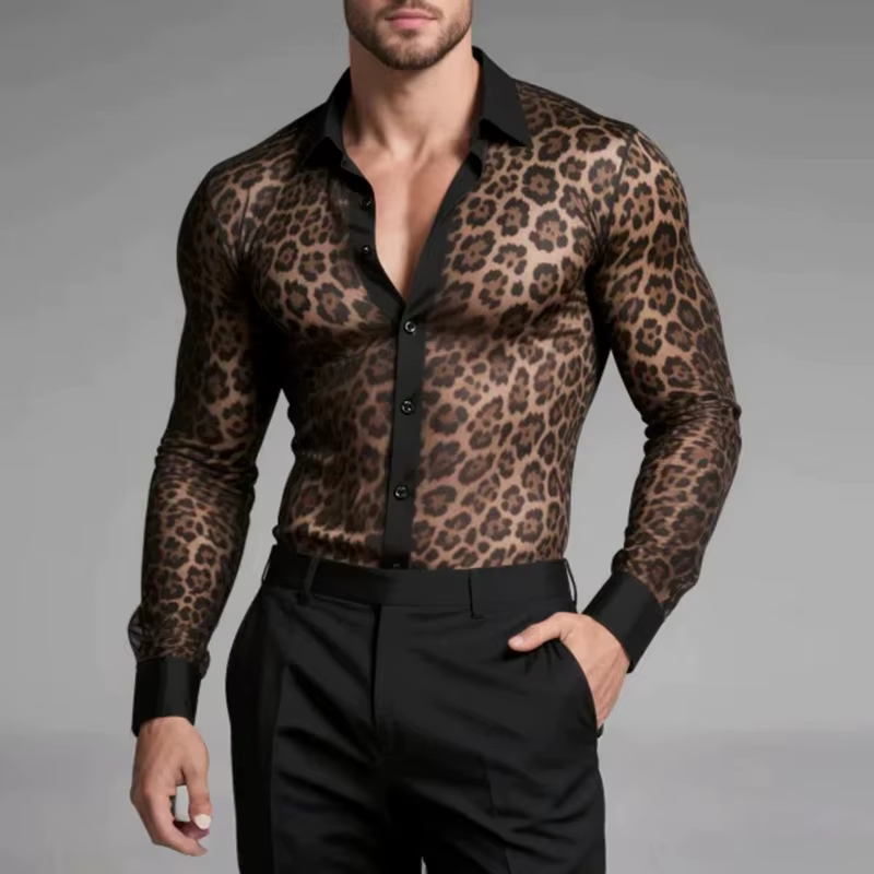 Chemise Homme Slim en Maille Imprimé Léopard Transparente Manches Longues Printemps-Été Sexy pour Cl