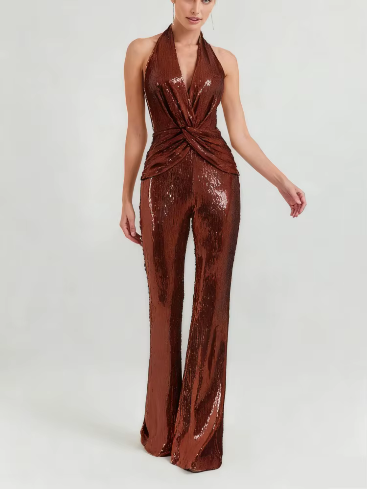 VC-Combinaisons dos nu à paillettes dorées pour femmes, vêtements féminins une pièce, design de luxe