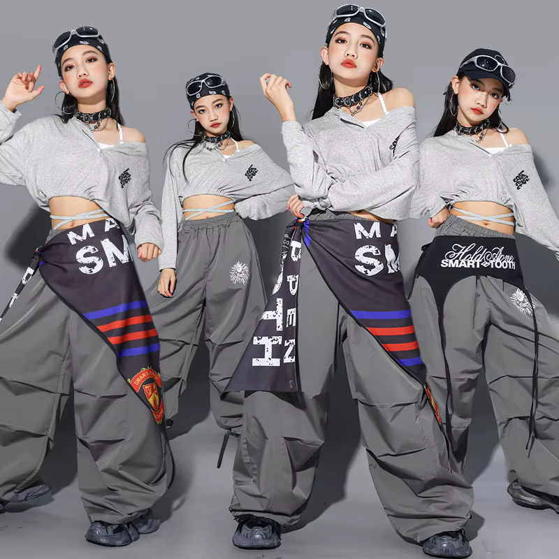 Crop top à lettres K-pop pour filles, pantalon cargo, streetwear pour enfants, costume de groupe de 