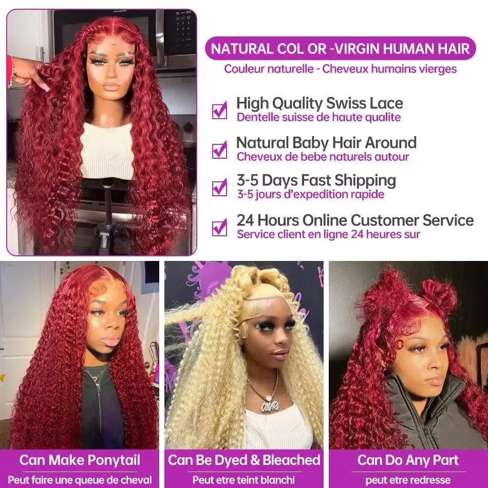 Perruque Deep Wave Lace Frmeds Naturelle pour Femme, Cheveux Bouclés, Bordeaux, HD, Densité 250, 30 