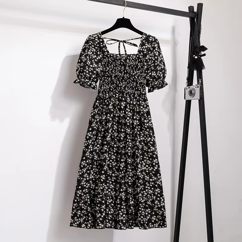 Printemps été robes en mousseline de soie mode femme taille élastique à manches courtes plissée tenu
