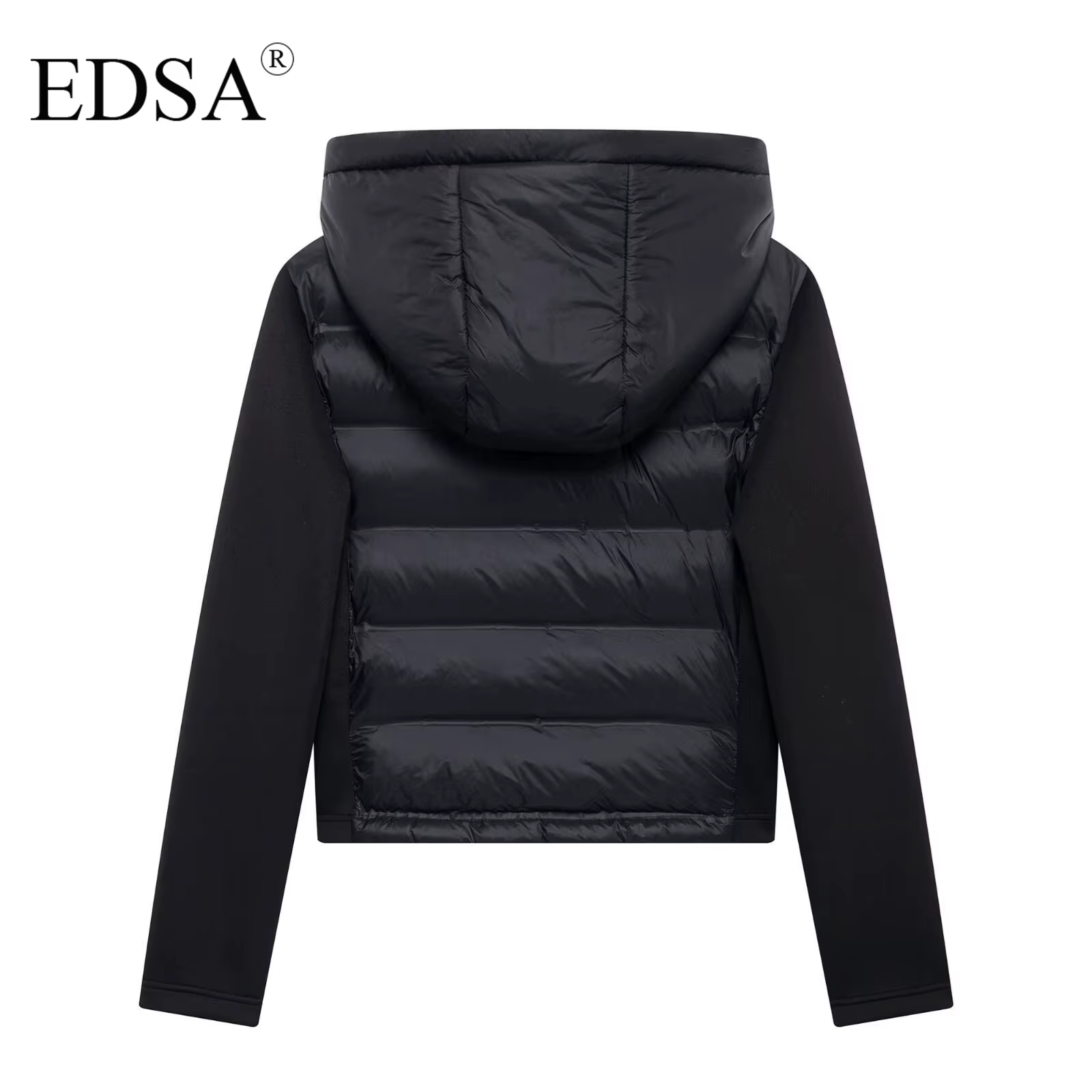 EDSA Veste rembourrée noire pour femme, capuche réglable avec bouchons, col haut, manches longues, p