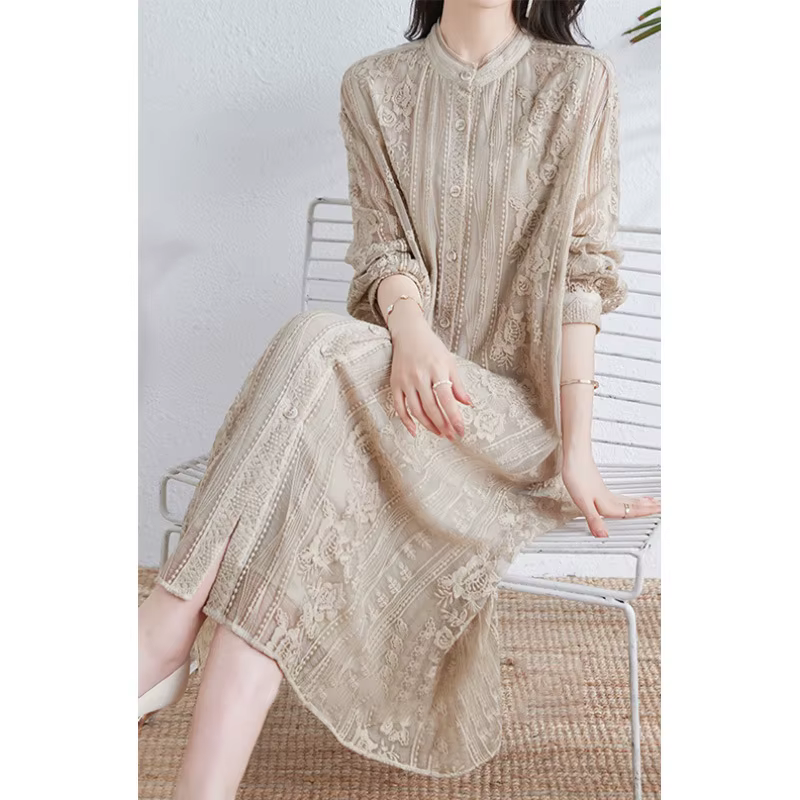 Birdtree-Robe mi-longue brodée en dentelle naturelle pour femme, robes taille haute à col rond, élég