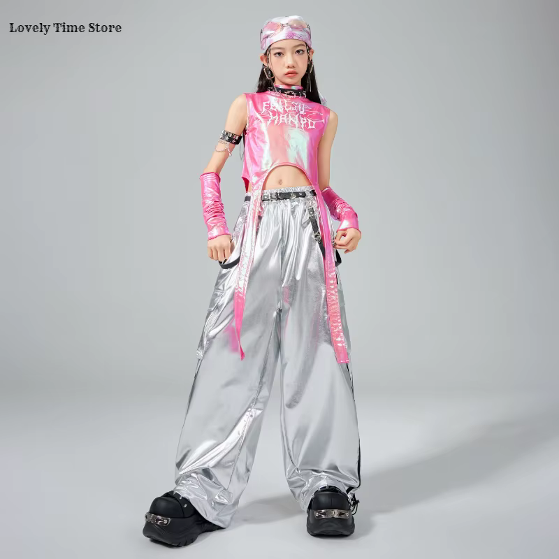 Hip Hop filles doux brillant haut court argent Cargo pantalon enfants k-pop Jazz danse vêtements ens