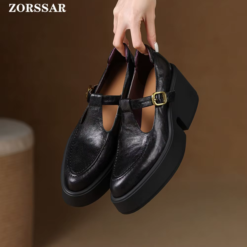Escarpins à talons hauts et plateforme épaisse pour femmes, chaussures en cuir véritable à bout poin
