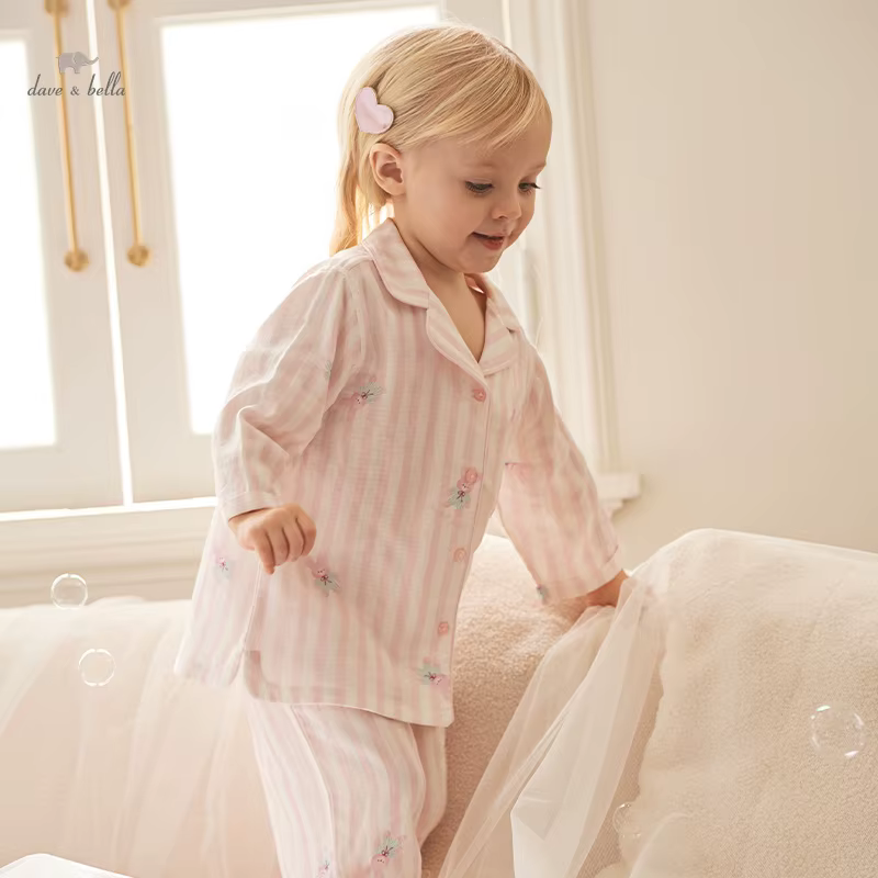 MACChildren-Pyjama rayé rose pour filles, ensemble deux pièces doux, imprimé ventilé, mode décontrac