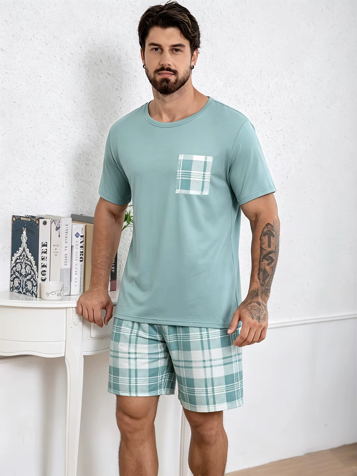 Pyjama élégant pour homme, ensemble 2 pièces, manches courtes et short à carreaux, vêtements de nuit
