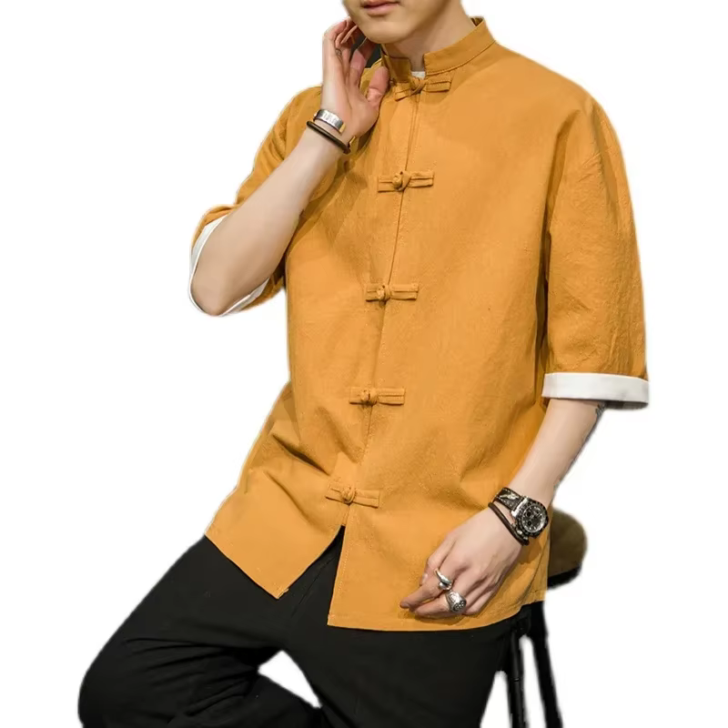 Chemise d'été de Style japonais pour hommes, col montant chinois, Yukata, Kimono samouraï, T-shirt b