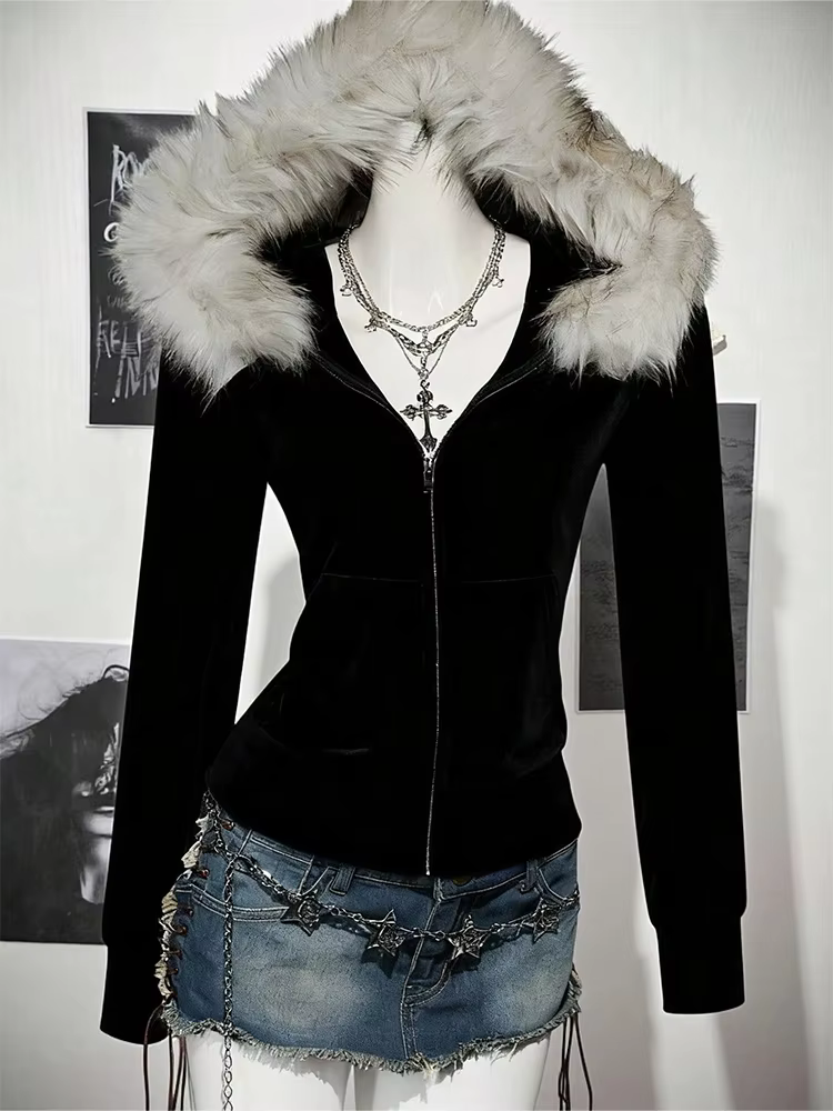 Y2K – sweat à capuche gothique Harajuku pour femmes, Sexy, Slim, Chic, col en fourrure en daim, lett