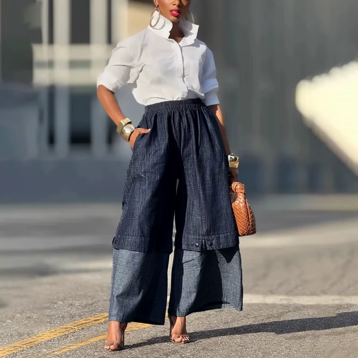 UOOZEE urbain femme Streetwear couches Denim pantalon à jambes larges ample élastique taille haute p