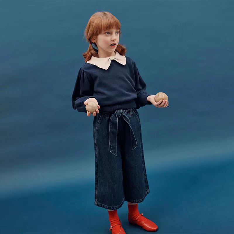 Pull pour enfants, série EM, Style campagnard, chemise à fleurs brodée, pantalon long, salopette, en