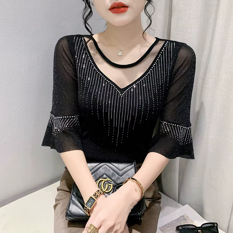 Sexy Patchwork maille t-shirt mince 3/4 manches été femmes haut forage chaud décontracté brillant so