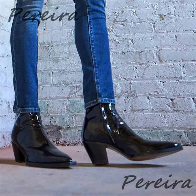 Bottes Chelsea en cuir verni noir pour hommes, chaussures courtes à bout pointu en cuir de vache ave