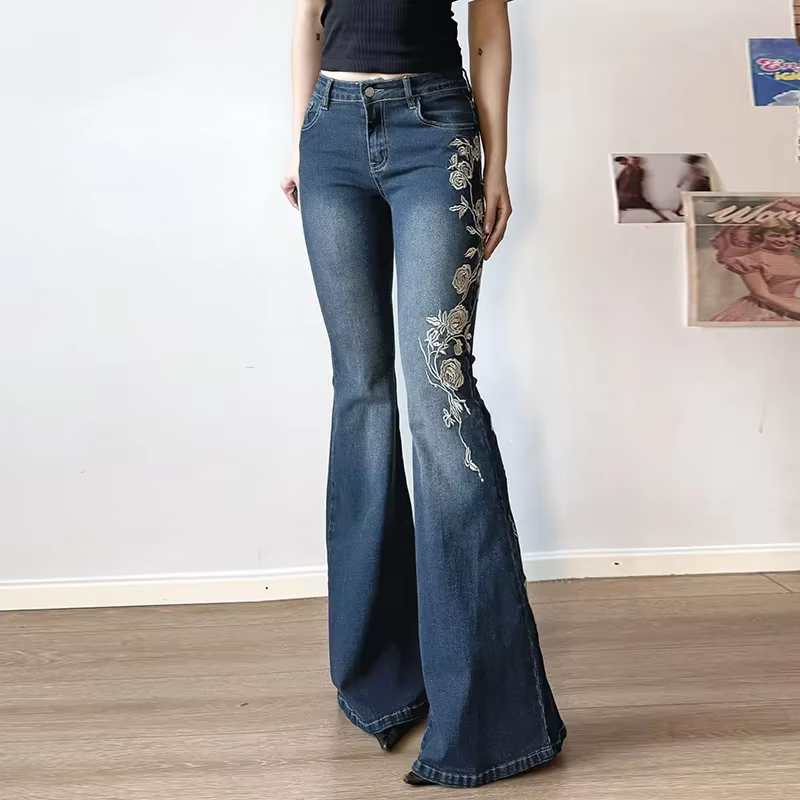 Jean Baggy rétro Y2k pour femmes, broderie florale, Vintage des années 2000, taille basse, pantalon 