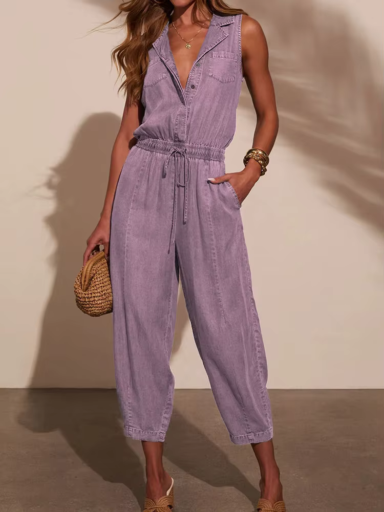 Jumpsutis chics en Patchwork de boutons à col en V, combishorts d'été sans manches pour femmes, nouv