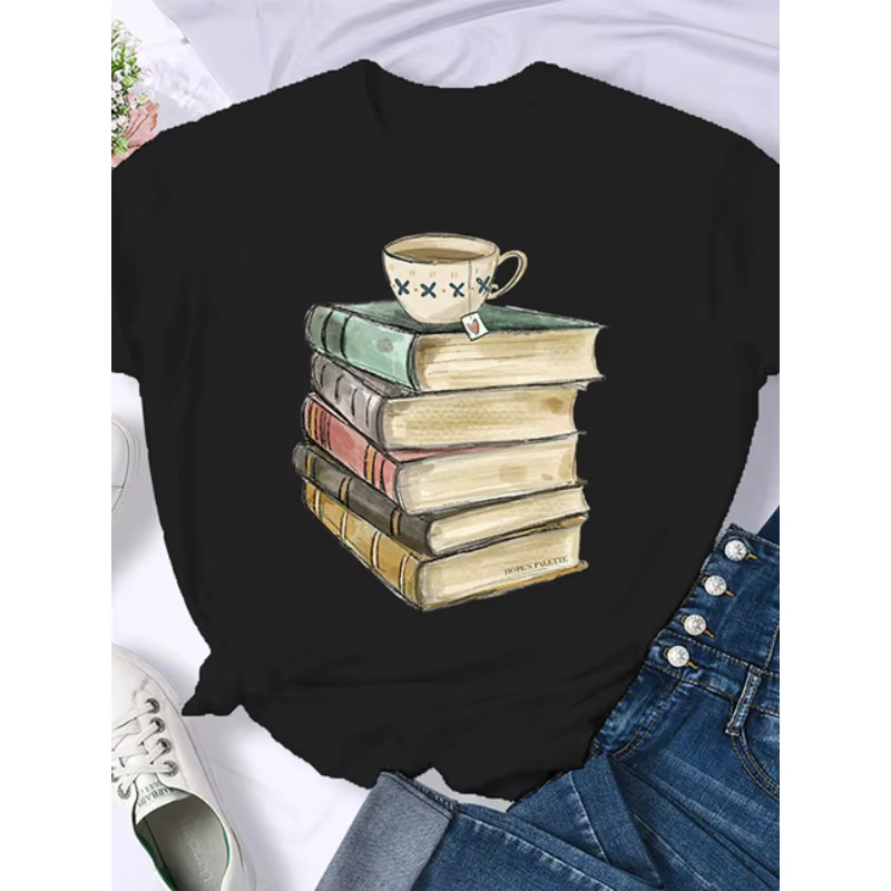 Café livres livres marron américain rétro T-shirt femme col rond demi manches T-shirt imprimé T-shir