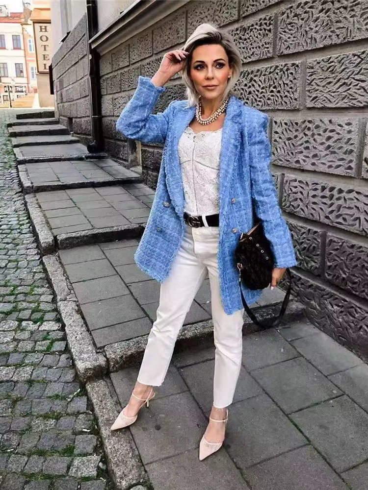 Tweed – veste Vintage ample et élégante pour femme, vêtement d'extérieur Chic, à la mode, décontract