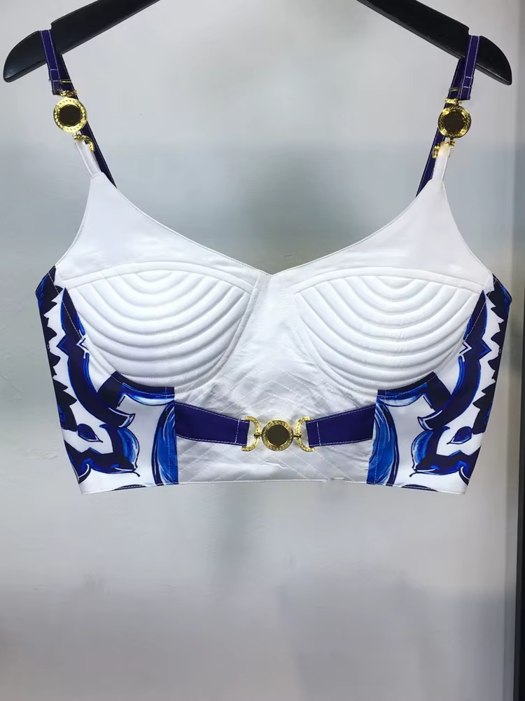 Ensemble d'été bohème en porcelaine bleue et blanche pour femme, bretelles spaghetti, tasse rembourr