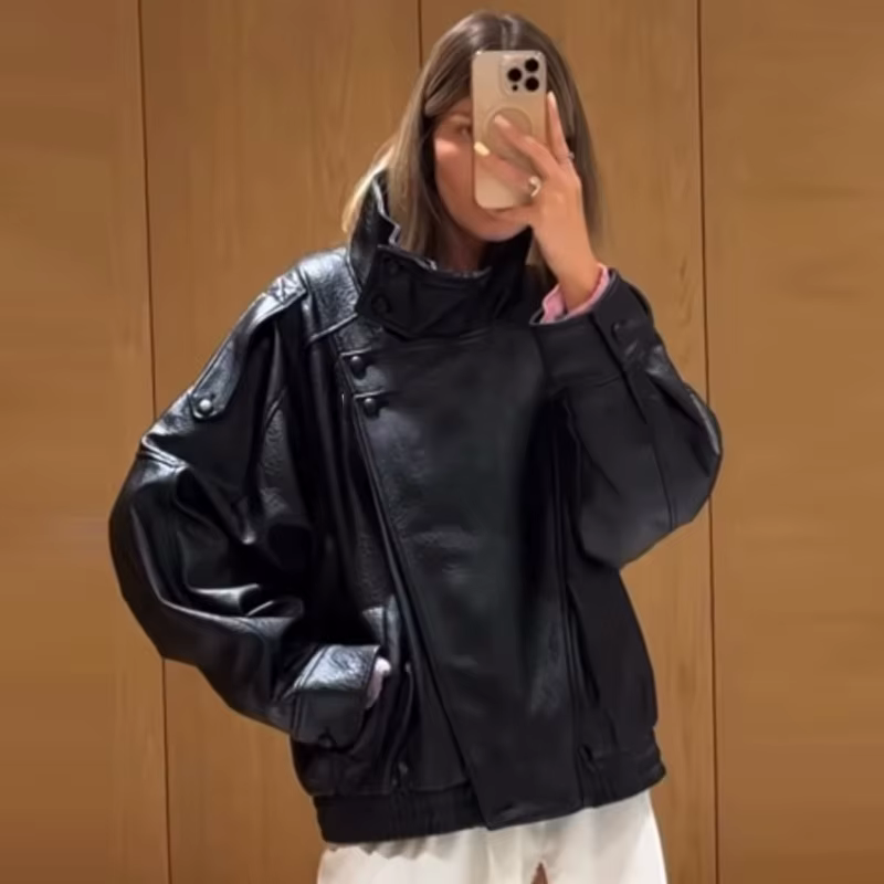HXAO Faux cuir noir vestes pour femme nouveauté recadrée surdimensionné Bomber veste fermeture éclai