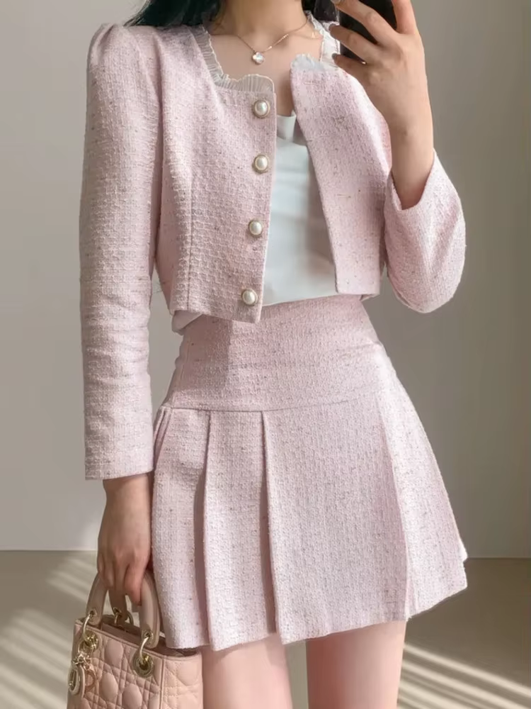 Ensemble deux pièces parfumé pour femme, veste courte, manteau et jupe, châssis, petite tenue, haute