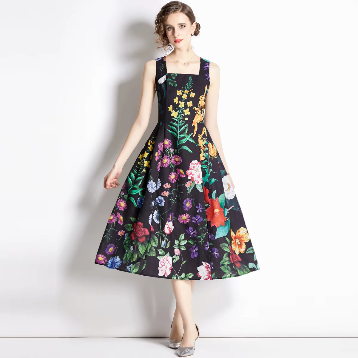 Robe à bretelles spaghetti taille haute vintage pour femmes, col slash, nœud ouvert, dos nu, imprimé
