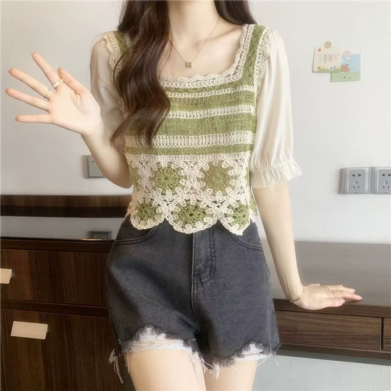 Chemisiers à manches courtes bouffantes pour femmes, tenue de loisirs assortie, en dentelle droite,