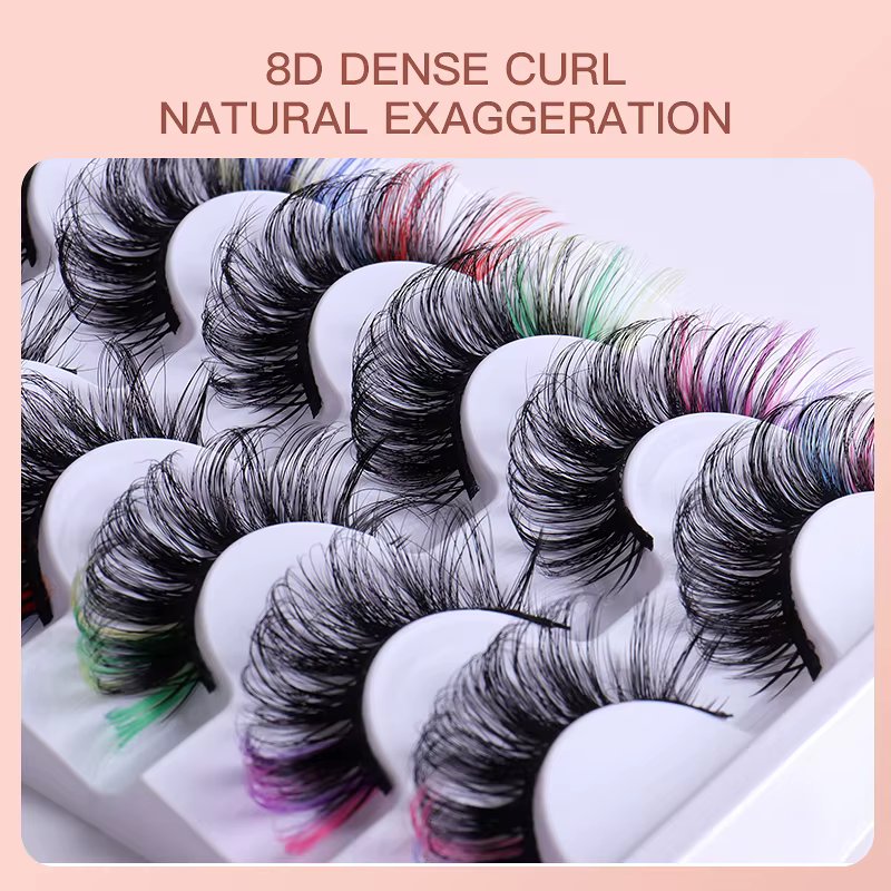 7 paires de cils colorés moelleux Faux cils de vison avec couleur, Volume de boucle D dramatique Lon