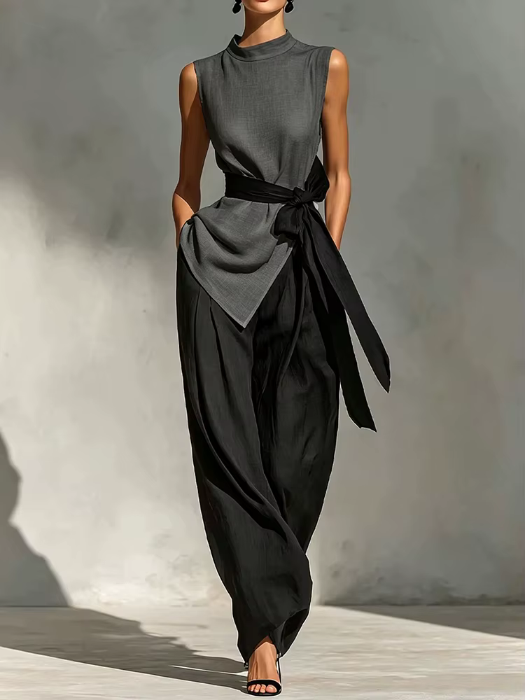 Nouvel ensemble deux pièces assorti pour femme, pull-over à col rond avec patchwork et laçage, tenue