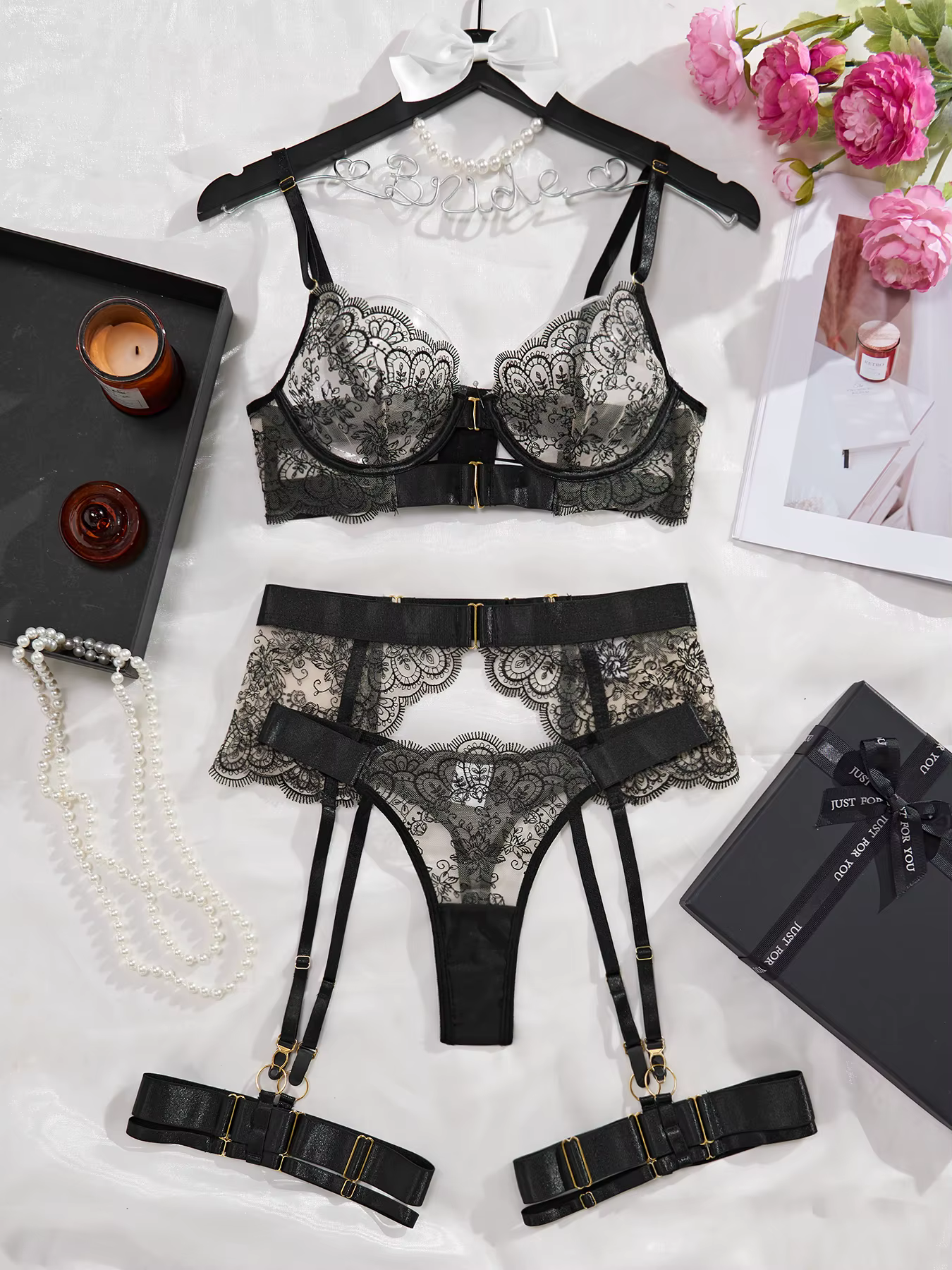 Onlyfan – ensemble érotique transparent brodé en dentelle de cils, Lingerie façonnant le corps, ense
