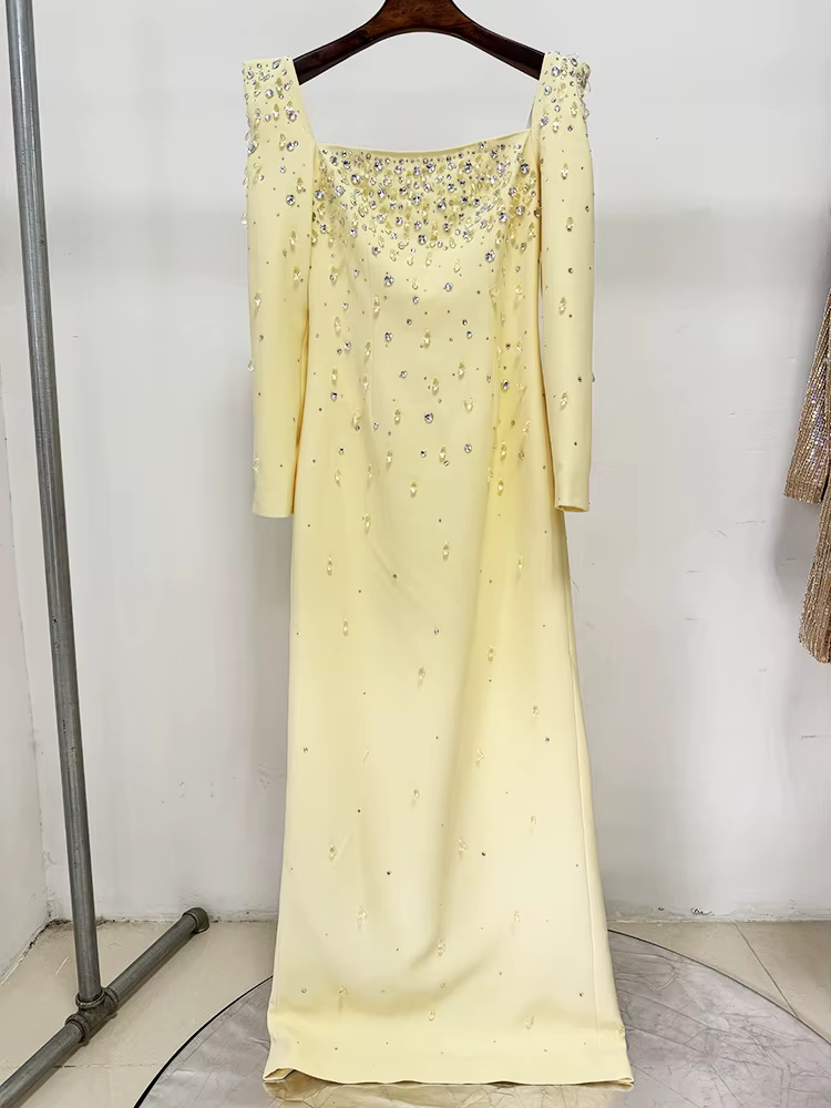 Robe longue maxi pour femme, col carré, perles et diamants, manches longues, nouvelle mode 2026, hau