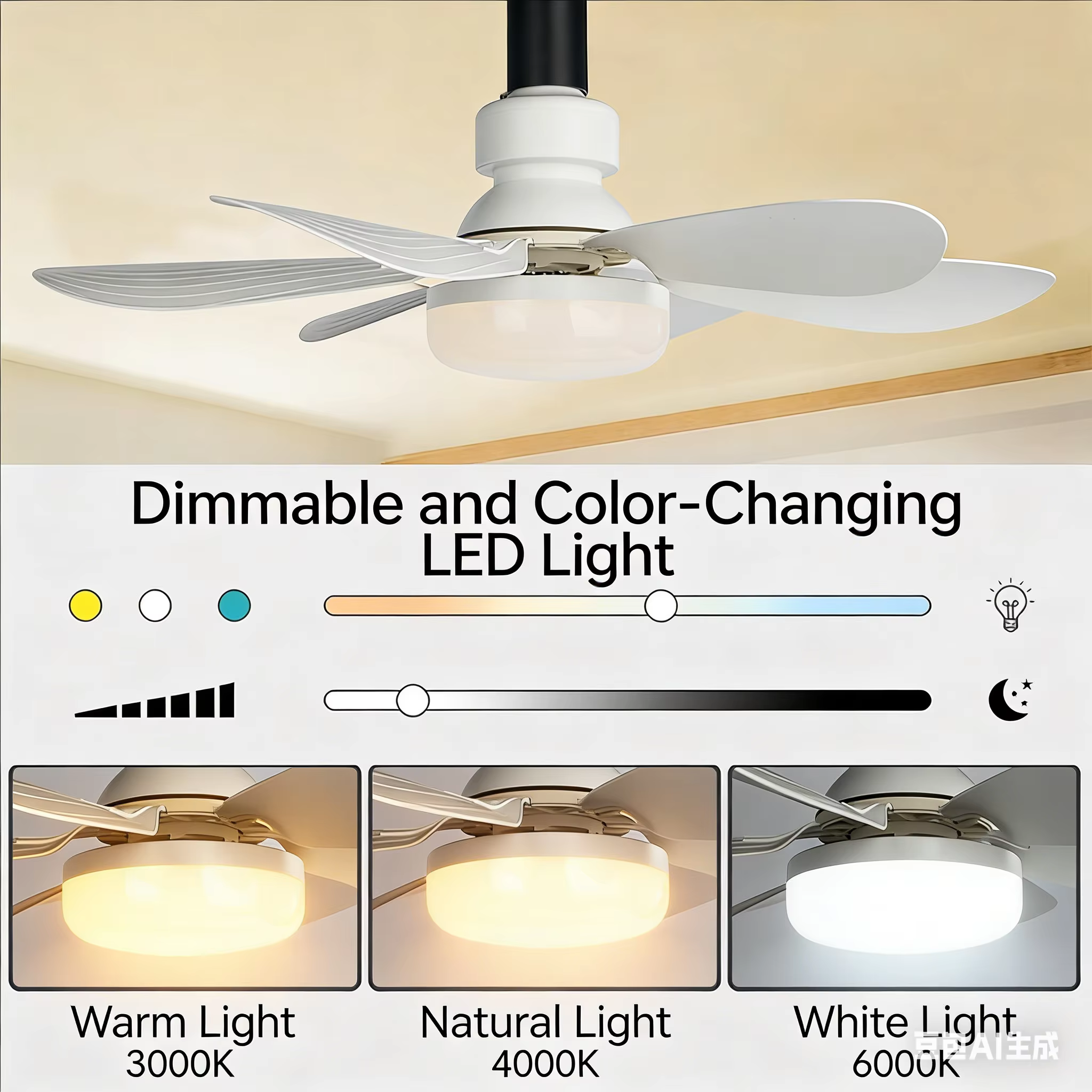 Ventilateur de plafond LED 30W E27 avec télécommande pour variation d'intensité, adapté au salon, au