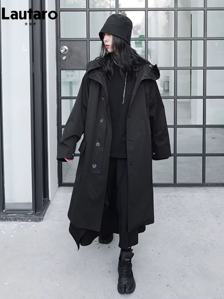 Lautaro-Manteau Long Respirant Noir avec Capuche pour Femme, Vêtements de Créateur de Luxe, Dark Aca