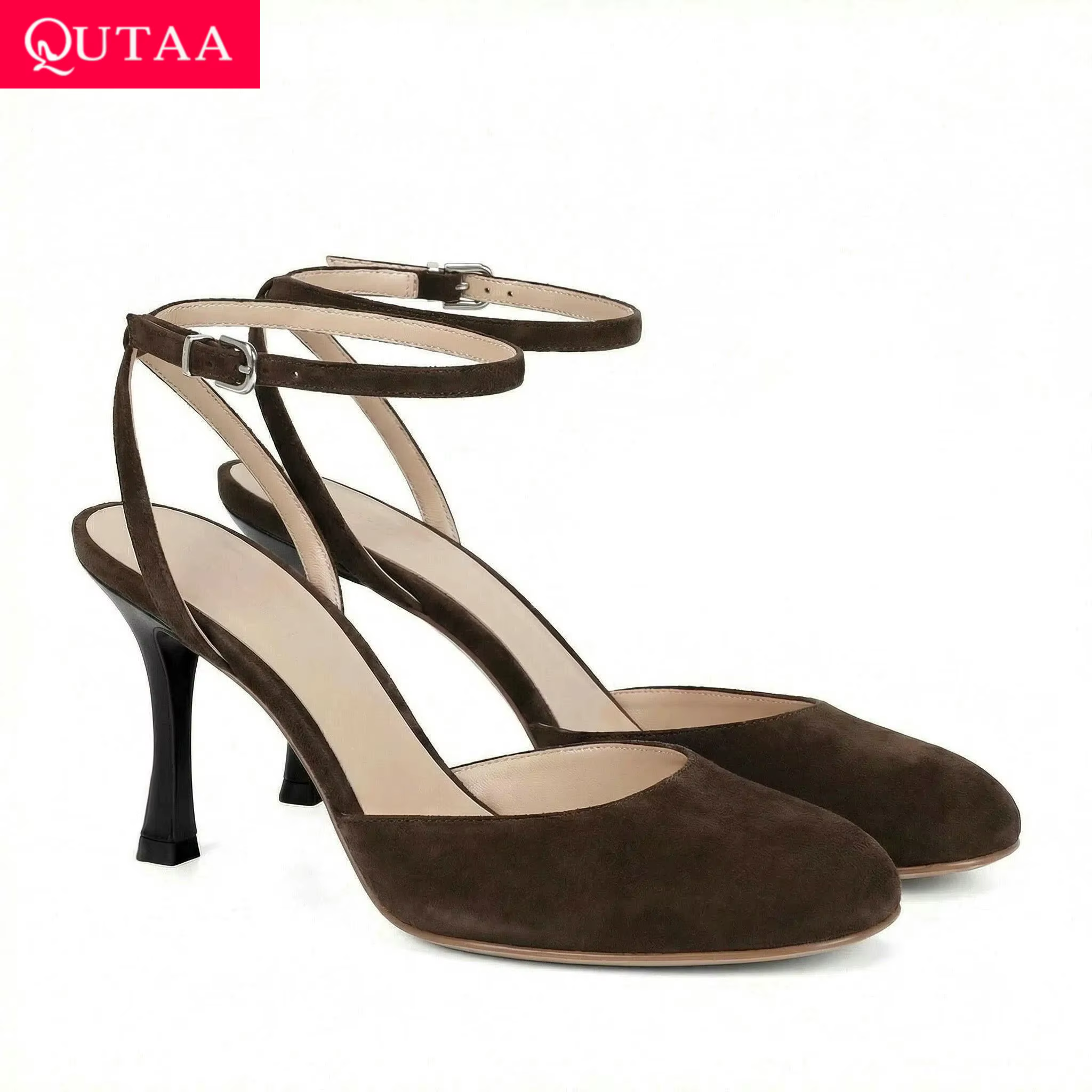 QUTAA – escarpins en cuir de vache pour femmes, sandales d'été à talons hauts, sexy, avec sangle à l