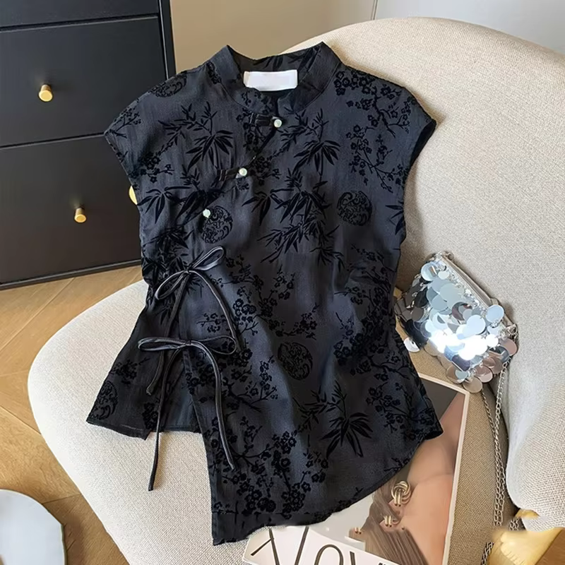 Chemise fine rétro nouveau Style chinois Cheongsam haut noir Jacquard T-shirt à manches courtes été 