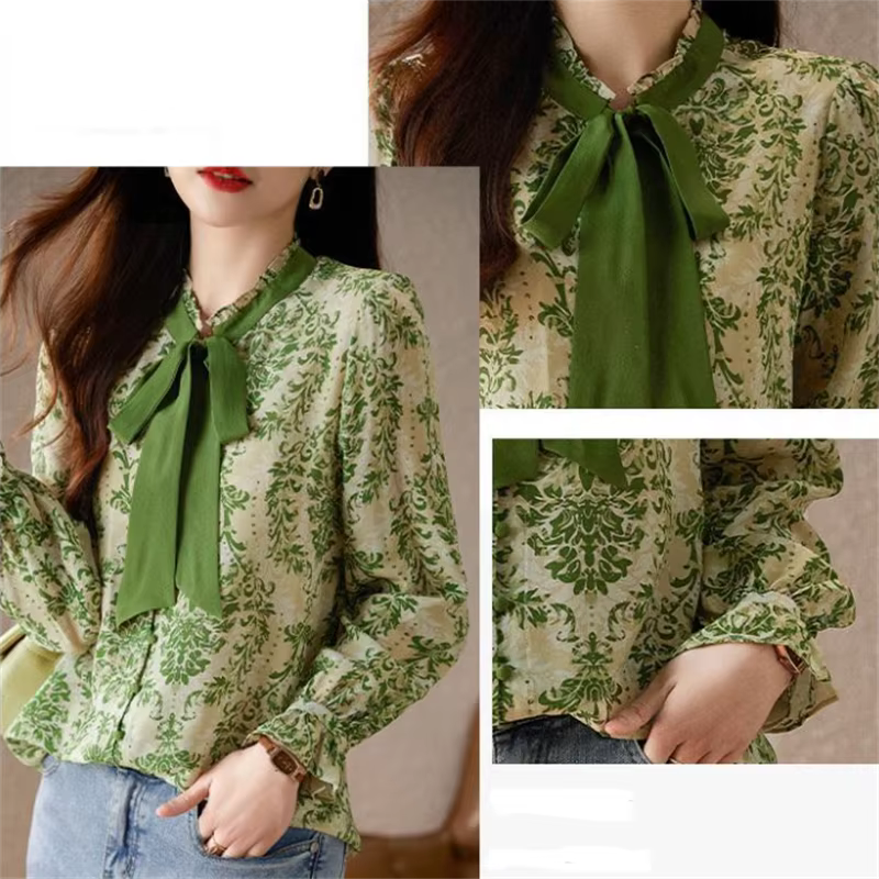 Chemise à volants avec nœud pour femme, manches lanterne, haut décontracté, col montant, ruban, chem