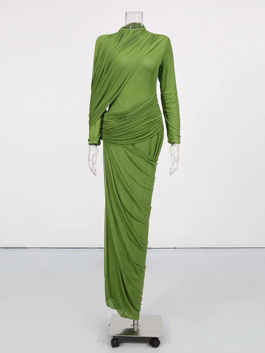 TWOTWINSTYLE Robes pour femmes, design amincissant à plis, style tendance, col montant, manches long