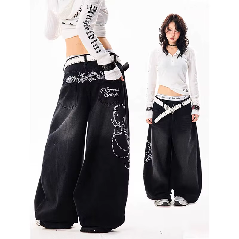 YIBASHU femmes Vintage broderie Y2K Baggy jean femme taille haute 2000s jambe large Denim pantalon a