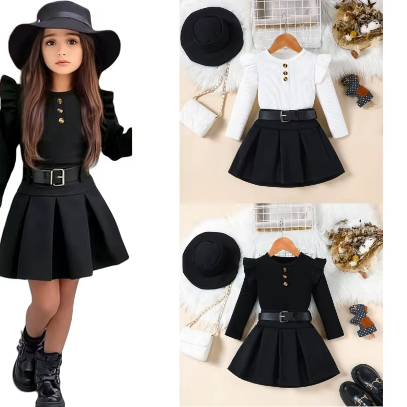 Tenues d'automne et d'hiver pour filles, ensemble 3 pièces, robe + ceinture + chapeau, nouveaux vête
