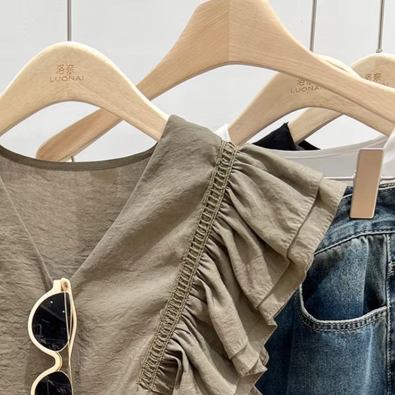 Chemises à manches volantes pour femmes, style français, à volants, de niche, solide, tout assressen