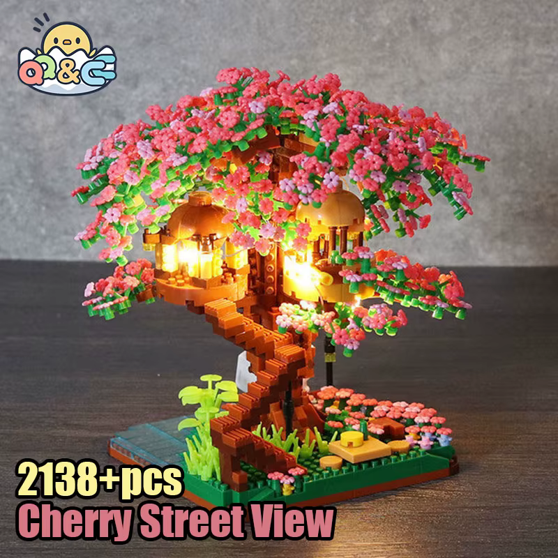Ensemble de blocs de construction d'arbre bonsaï cerisier, briques de plantes en fleurs de Sakura av