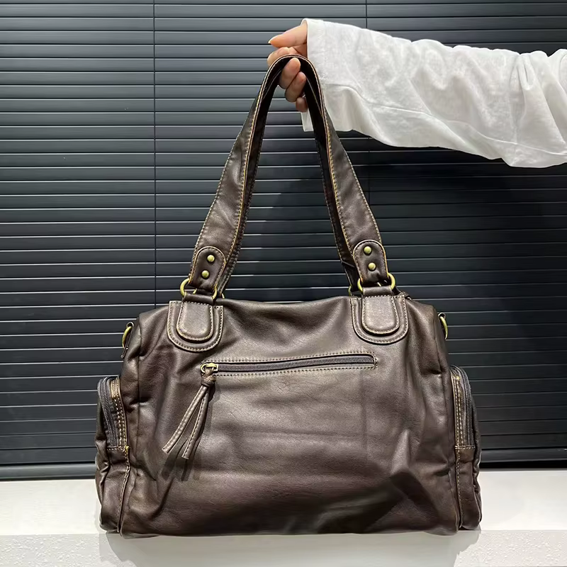 Sac fourre-tout Y2K tendance pour femme, style punk motard, grande capacité, en cuir PU, sac bandoul