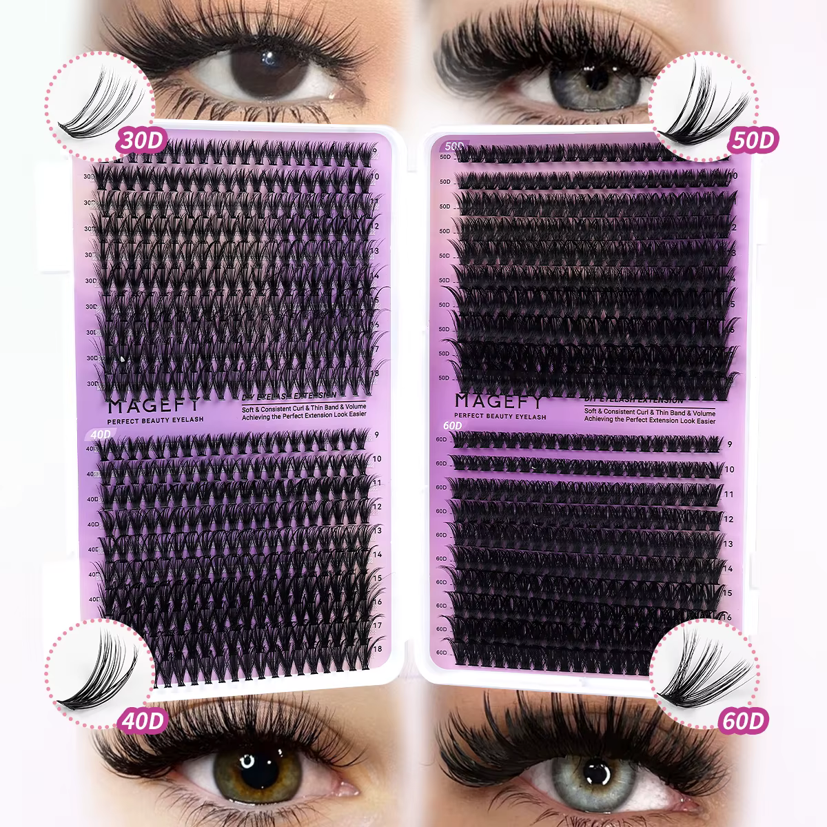 MAGEFY bricolage Kit d'extensions de cils 800 pièces grappes de cils 80D/100D mélange de cils indivi
