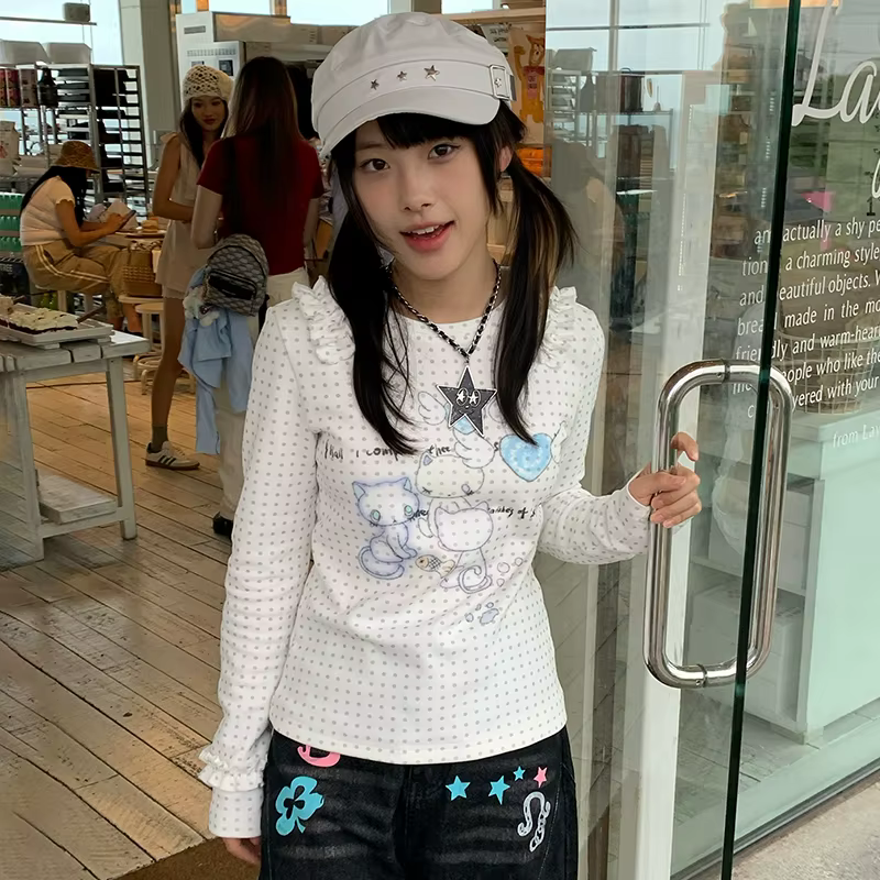 Karrram japonais Y2k Anime imprimé tricoté hauts 2000s esthétique à manches longues T-shirt Cutecore