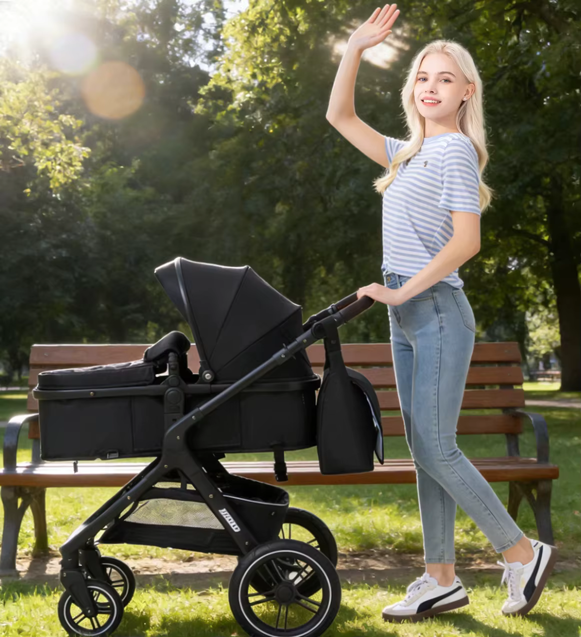 Poussette 3-en-1 pour bébé, poignée réversible, pliage en une seule étape, cadre en aluminium, ensem