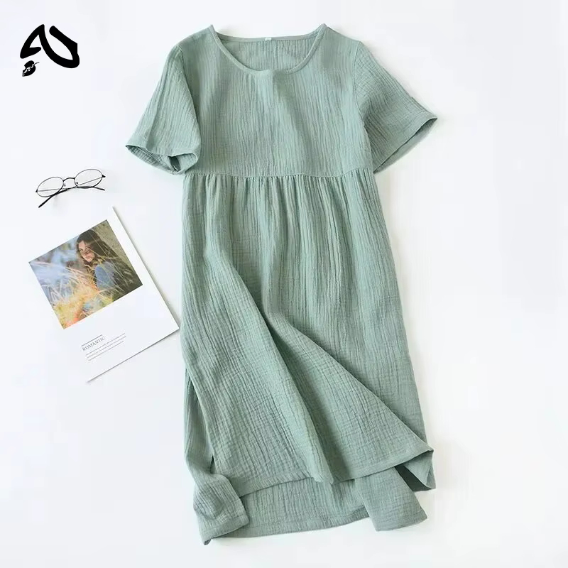 Robe d'été vintage originale 100 % coton gaze, col rond uni, courte ou longue, basique, pour femme, 