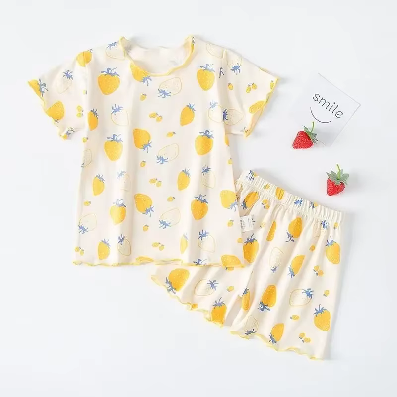 Ensemble pyjama d'été pour filles, imprimé fraises, short et t-shirt pêches roses, vêtements d'intér
