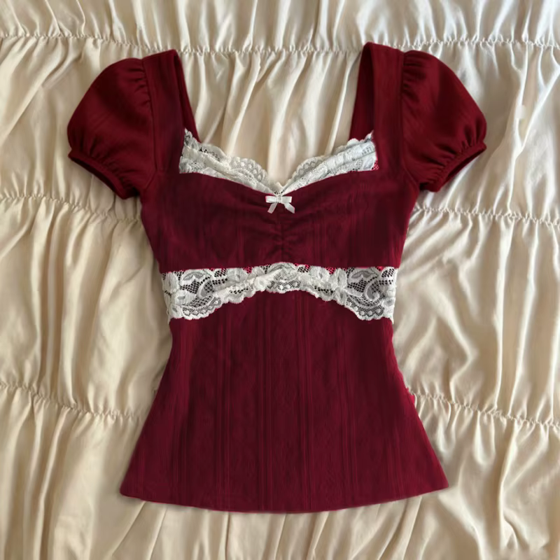 Hauts Y2K Grunge à manches courtes pour femmes, chemise estivale en dentelle patchwork, style coquet