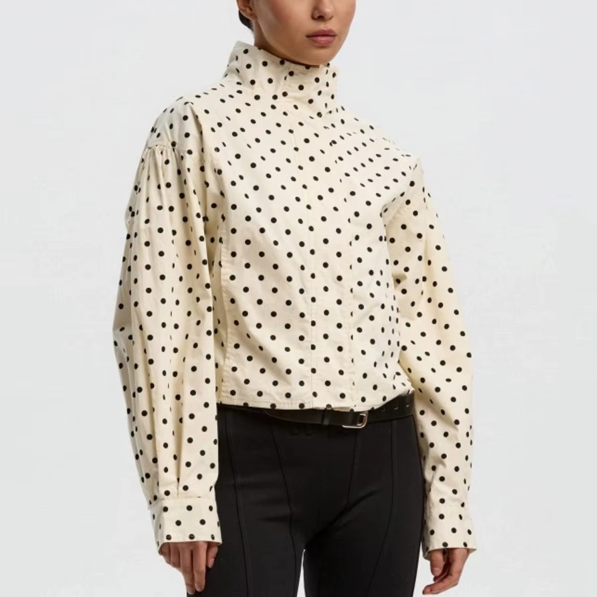 Veste bomber élégante vintage à pois surdimensionnée pour femmes, manches bouffantes, fermeture écla